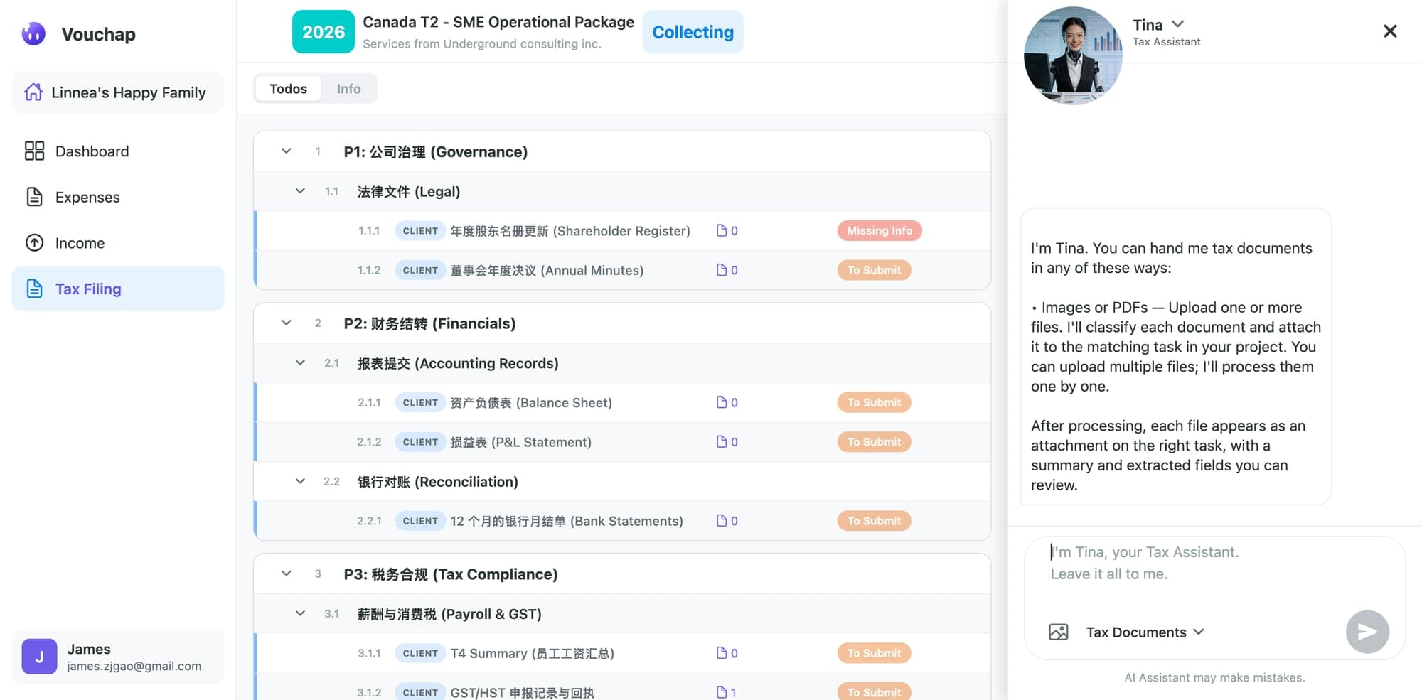 Client upload tasks board showing W-2 and tax document requests