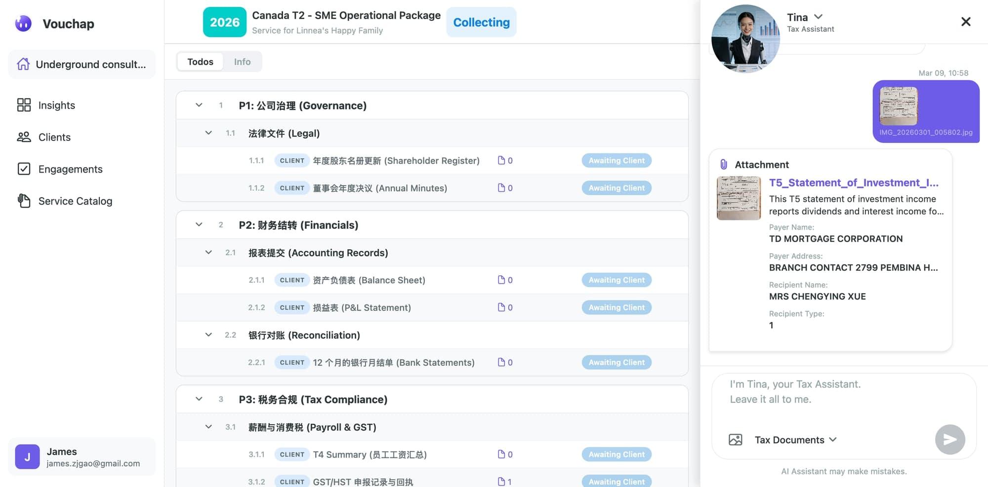 Shared tax project board with client and firm tasks