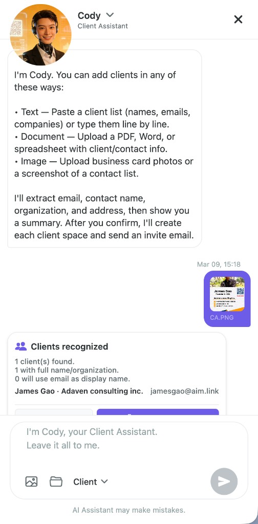 Cody client assistant chat extracting structured client details from uploads
