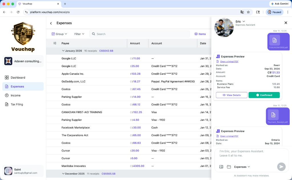 Vouchap web Expenses workspace with AI assistant categorizing receipt lines