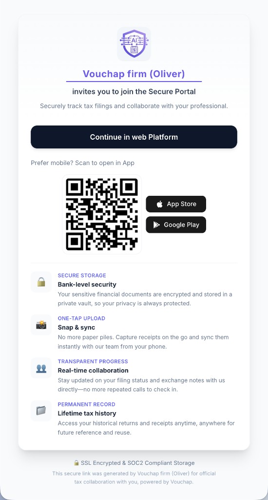 Branded Secure Portal invite page with continue on web, QR code, and app store links